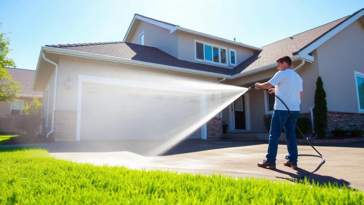 Professional pressure washing a residential driveway